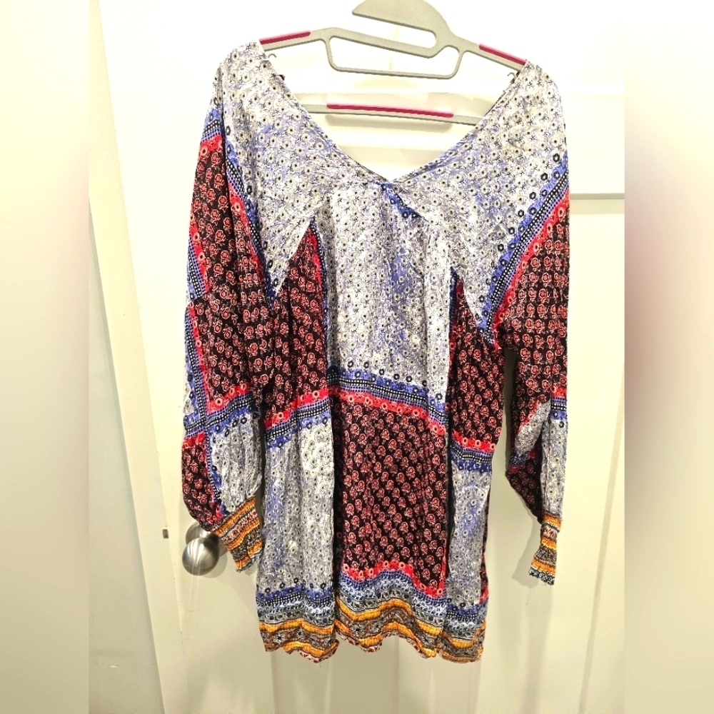Velzera Boho Peasant Blouse L Patchwork Floral Rayon Festival Top